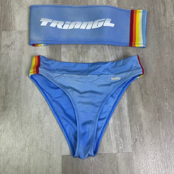 Triangl Skalia Biker Retro Rainbow Varsity Stripe Bandeau Bikini Swimsuit Small - Picture 1 of 5
